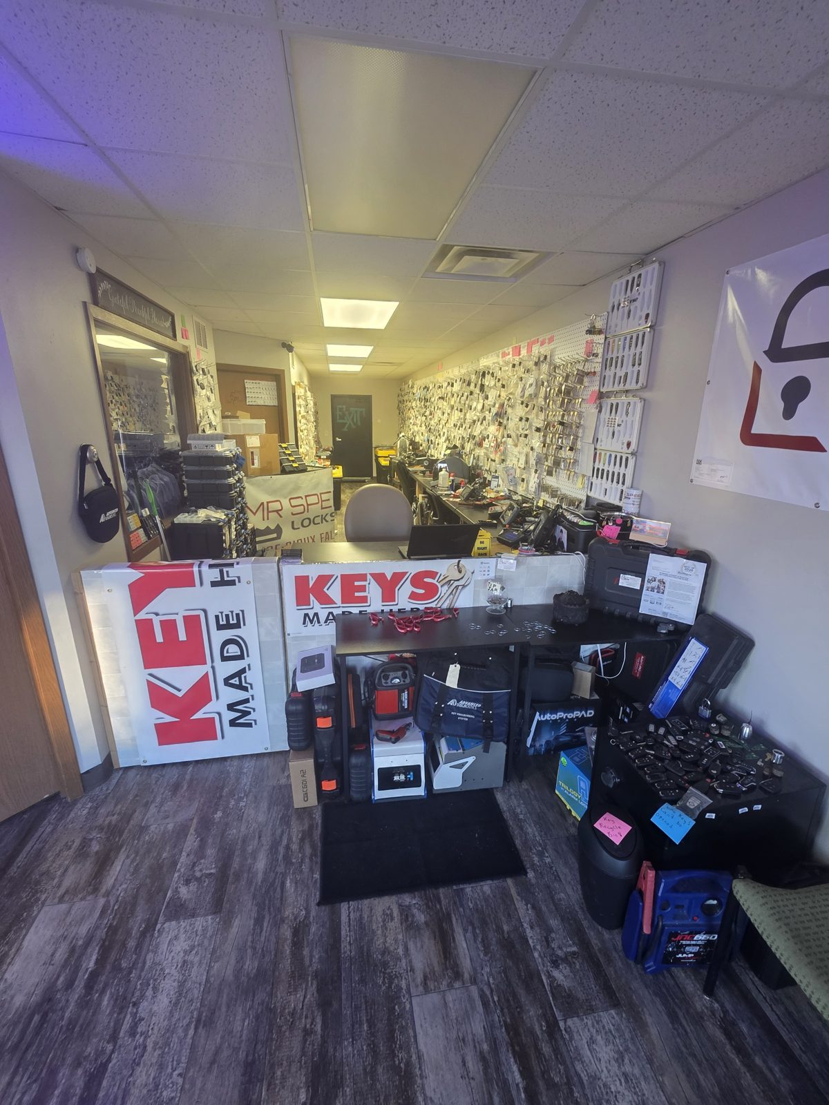 Wall of car keys, smart keys, and key fobs at Mr. Speedy Locksmith on S Marion Rd in Sioux Falls